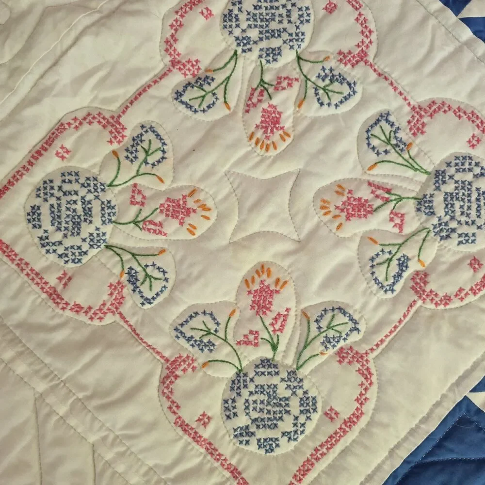 Vintage Handmade Quilt 88x103 Blue & White Cross Stitch Prairie Point Edge Queen